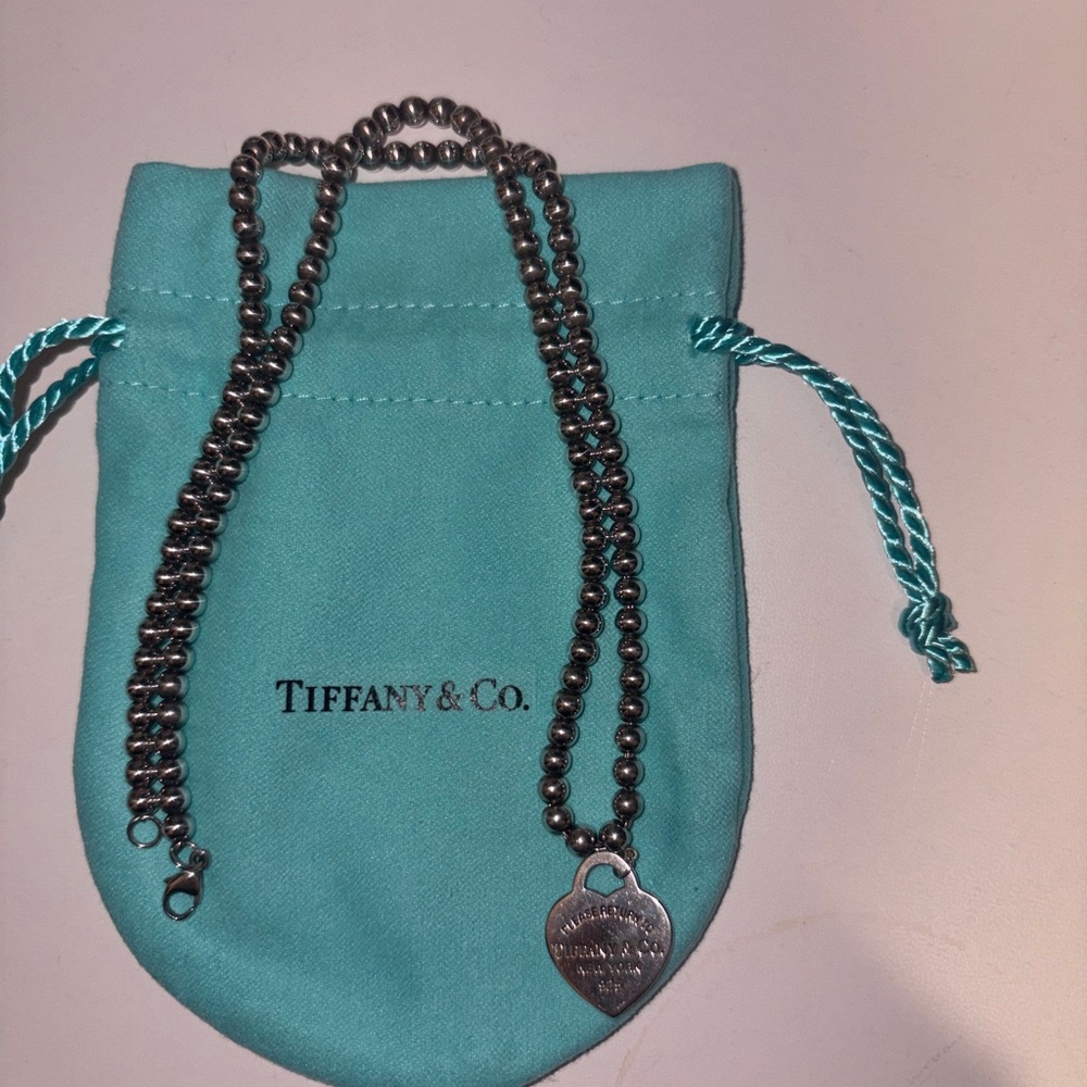 Tiffany & Co. Silver Beaded Necklace with Heart Pendant